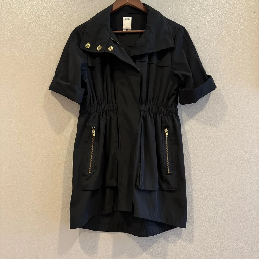 Ali Ro Anorak “Hooded” Black Gold Zip Snap Pockets Hideaway Hood‎ Jacket Size 2